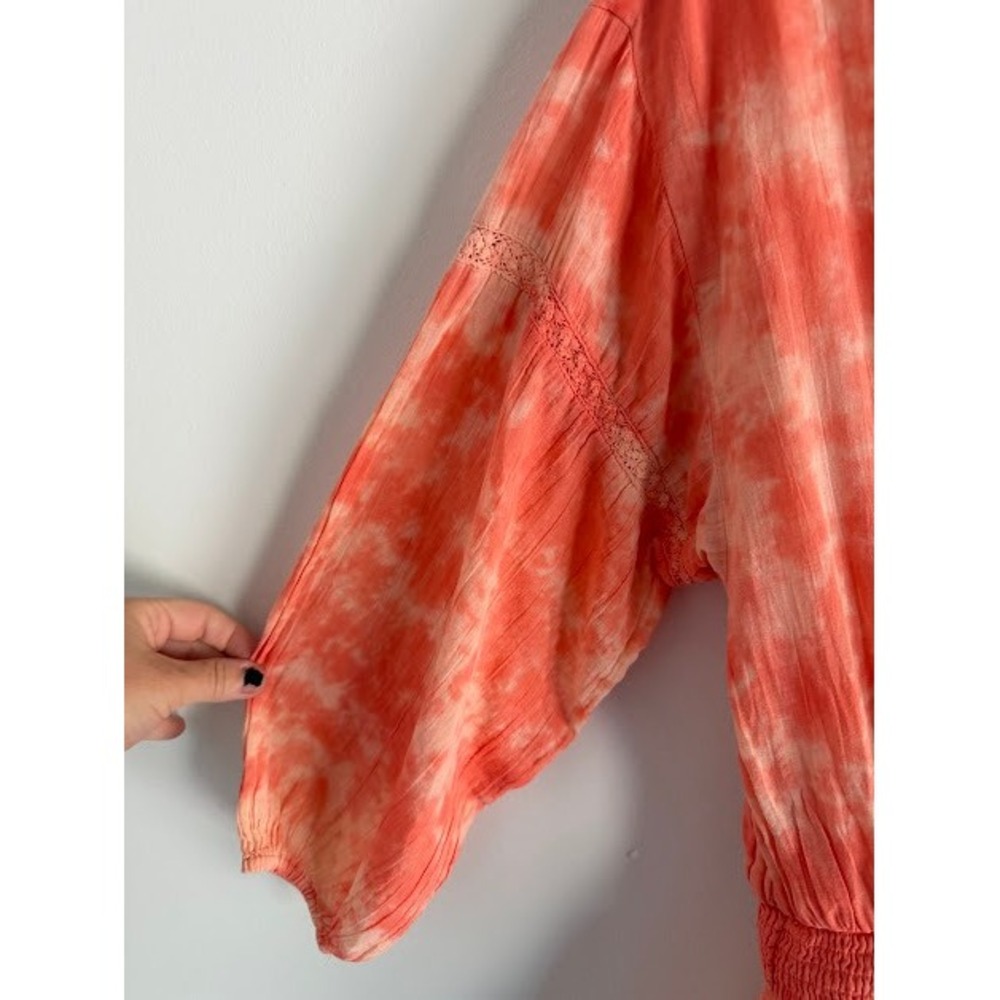 Boho Tie Dye Aerie Smocked Ruffle Mini Dress Womens Medium Coral - Picture 3 of 10